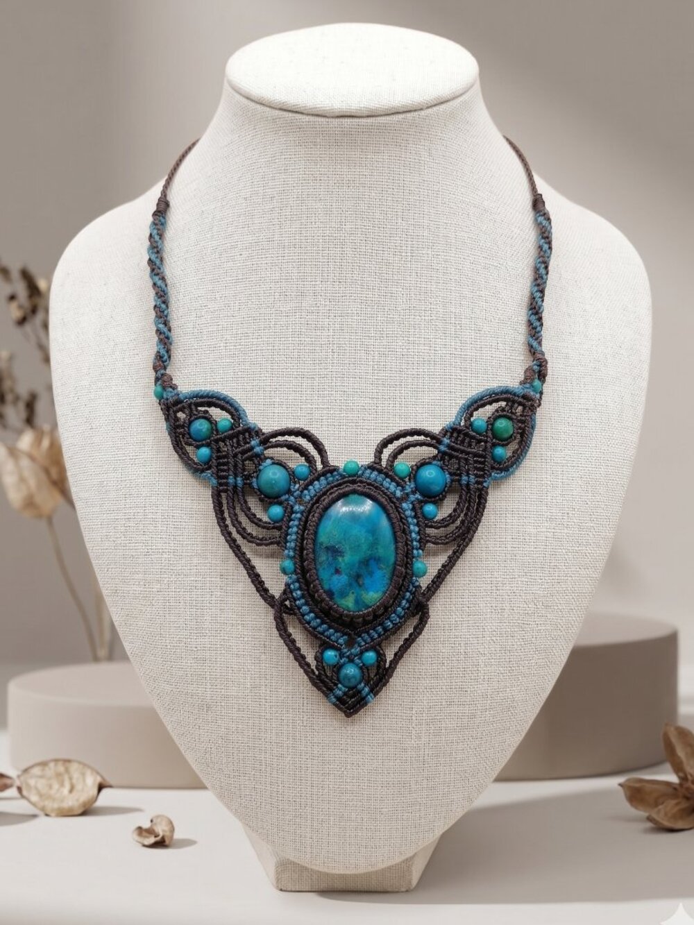 Natural Turquoise Macrame Necklace, Spiritual Protection Amulet, Handmade